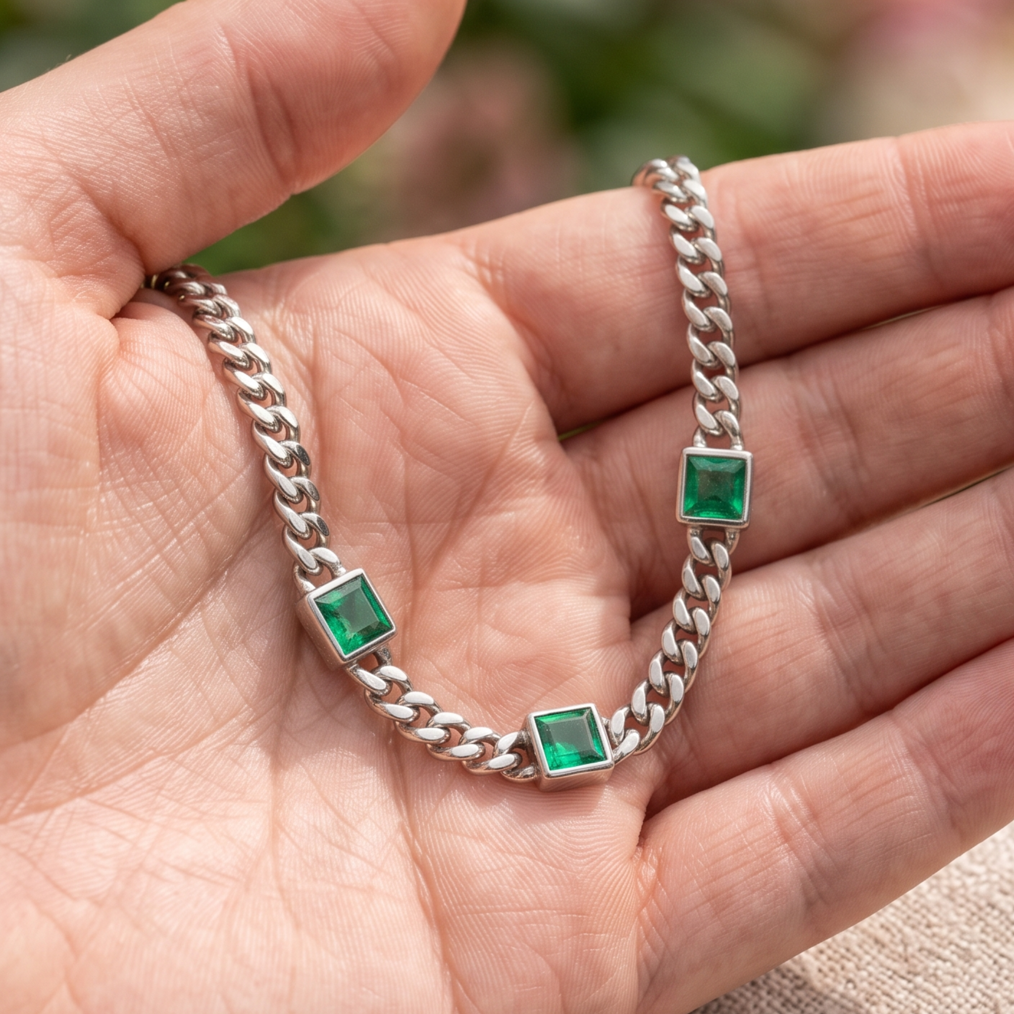 Kiashaa Jewellery 2.047 CTW green princess-cut Cuban bracelet in polished yellow gold.