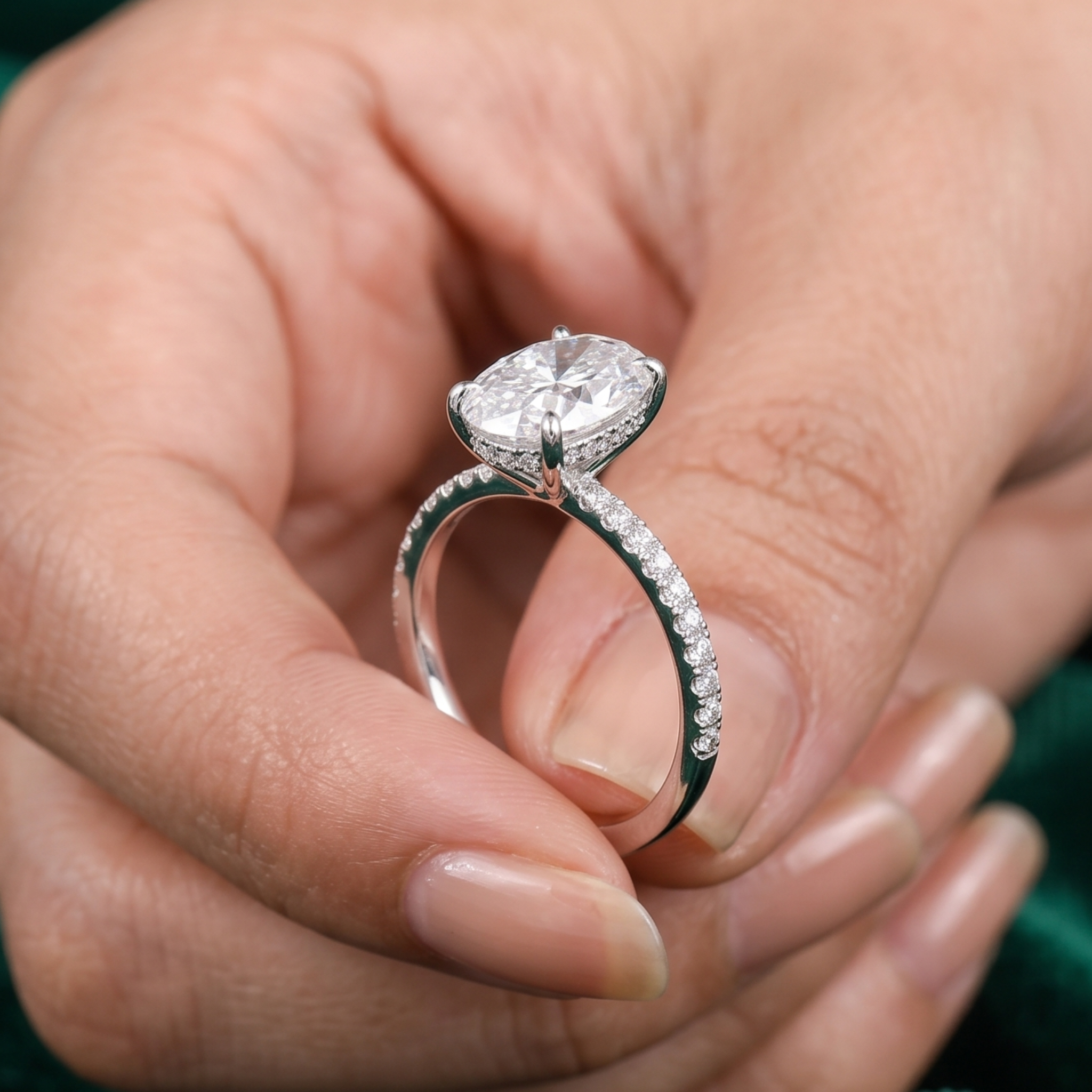 A close-up of a hand holding a silver engagement ring with a marquise-cut clear center stone and a pavé-set band.