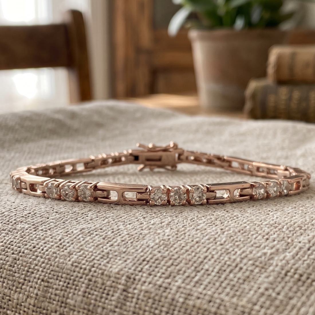 A rose gold tennis bracelet with clear round-cut gemstones, resting on a textured beige linen fabric with a softly blurred rustic background.