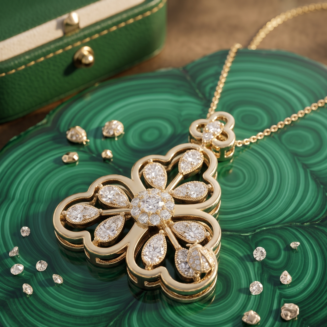 A gold clover-shaped pendant necklace with clear gemstones, displayed on a green malachite-patterned surface with scattered loose stones and a green leather case in the background.