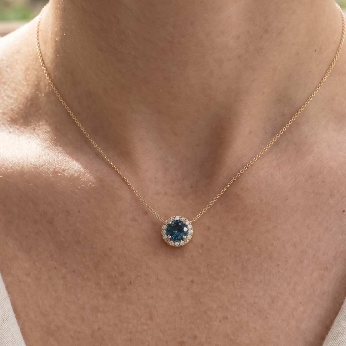 Azure Halo 1.12 CT Blue Gemstone & Diamond Necklace in 9K, 14K & 18K Gold