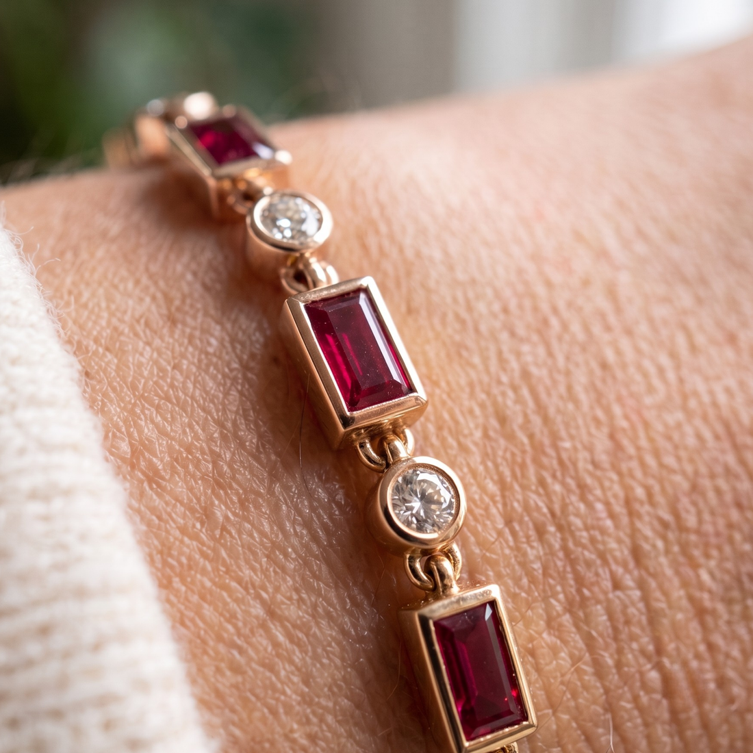 Kiashaa Jewellery 1.91 CTW red baguette and round diamond bracelet in polished yellow gold.