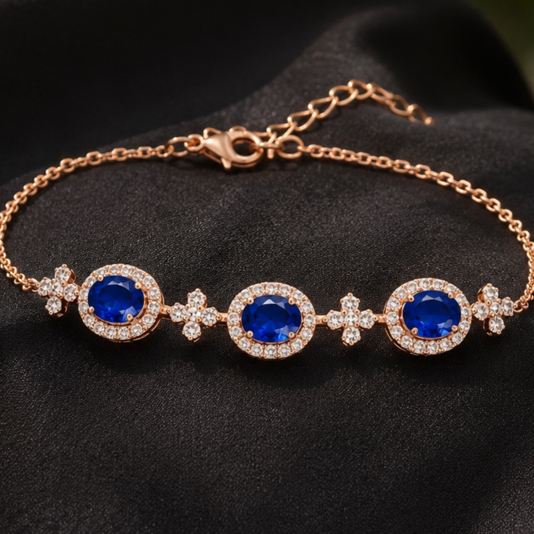 Royal blue oval gemstone bracelet with round lab-grown diamond halos by Kiashaa Jewellery.