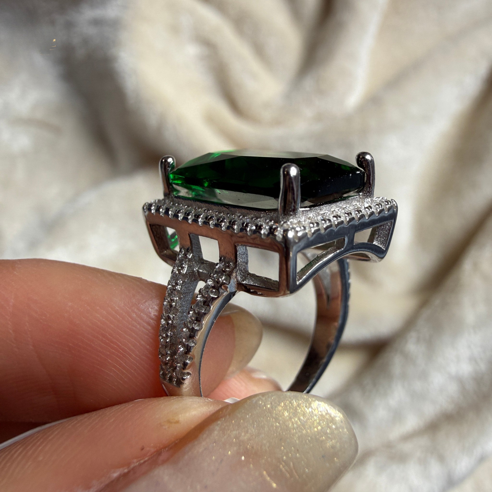 2.34 CTW Green Emerald-Cut Gemstone Diamond Halo Ring in 9K, 14K & 18K Gold