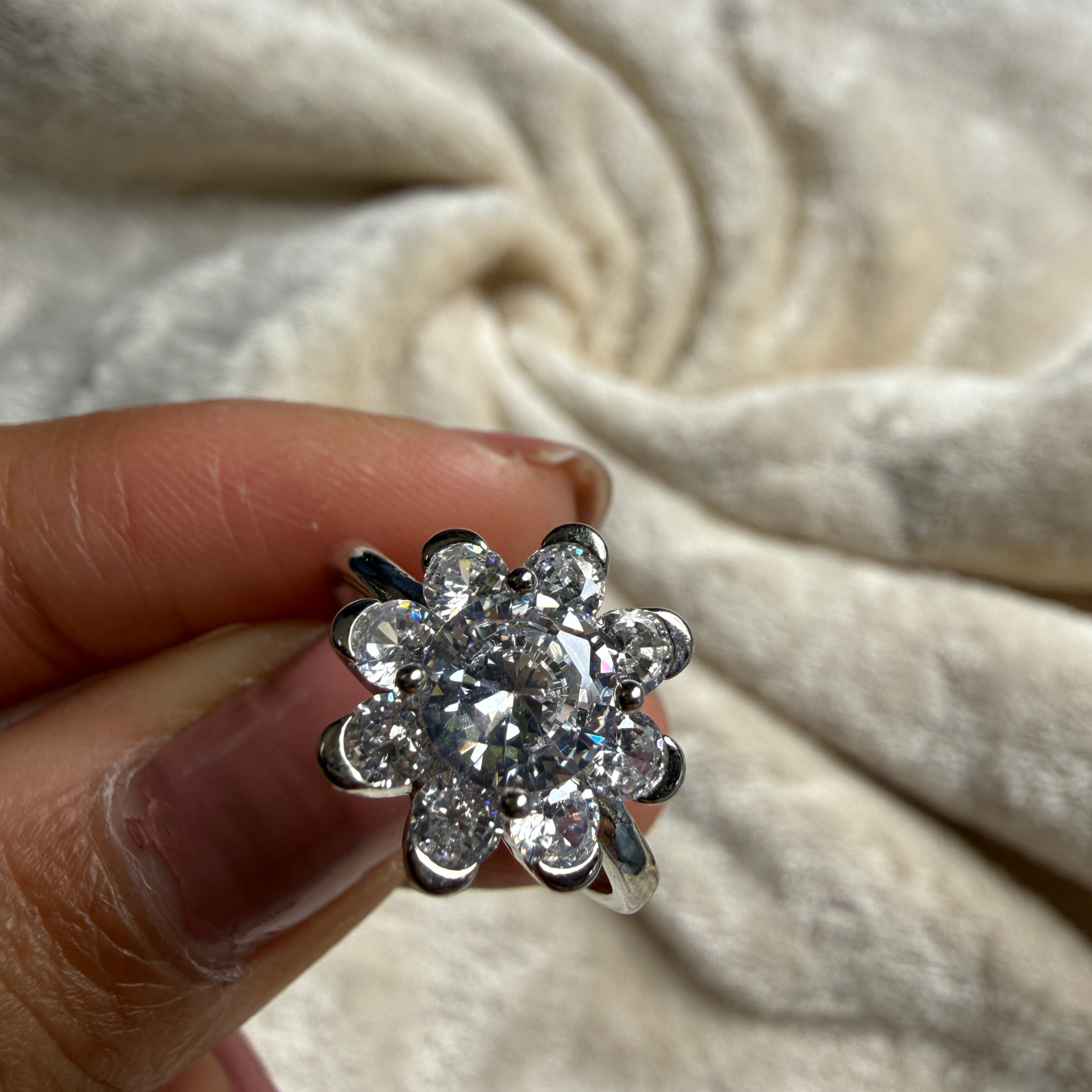 Round floral lab-grown diamond cluster ring in white gold by Kiashaa Jewellery.