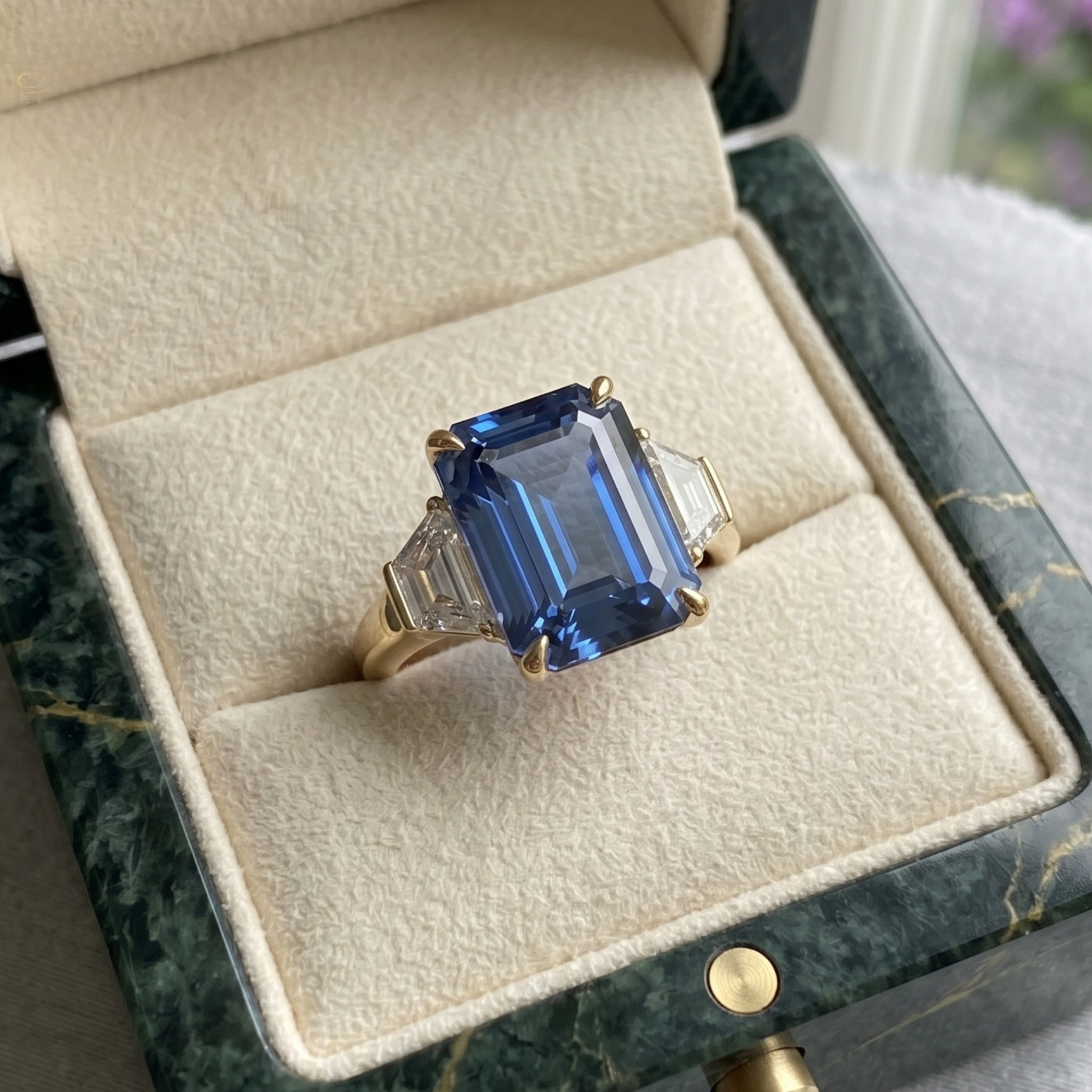 A yellow gold ring featuring a large emerald-cut blue sapphire center stone and baguette side stones, presented in an open cream velvet jewelry box.