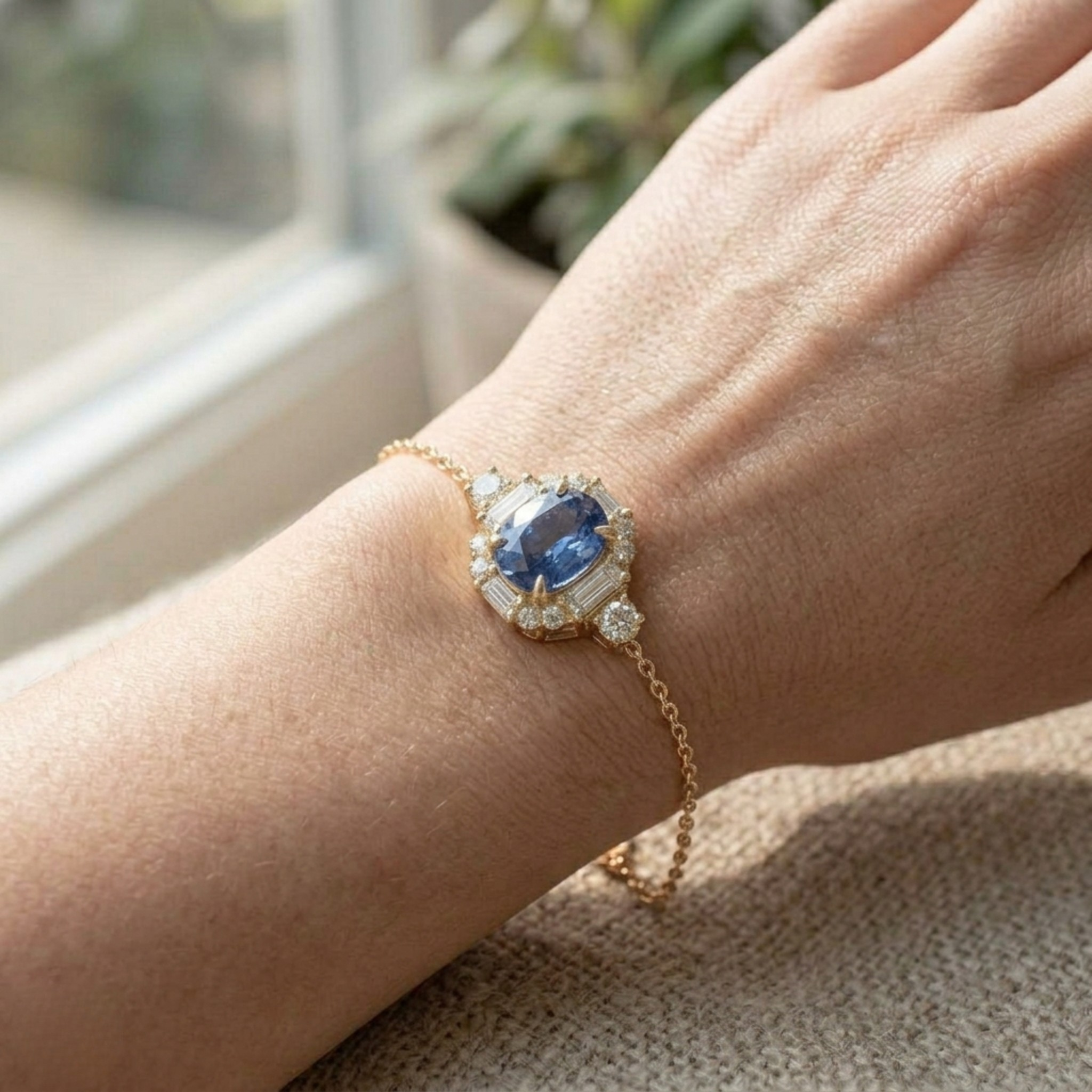 Blue oval gemstone halo bracelet with lab-grown diamonds by Kiashaa Jewellery.