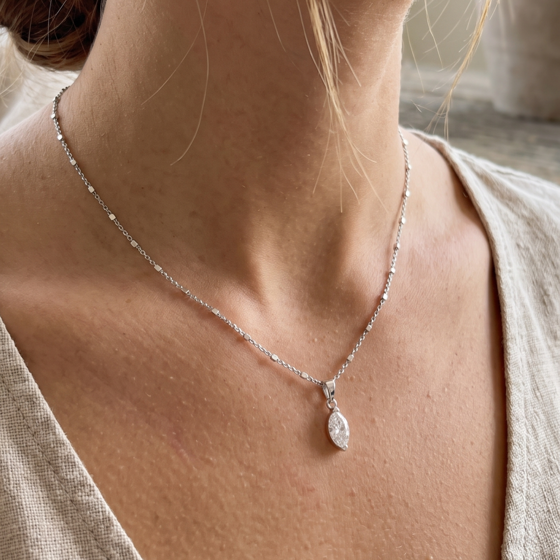 Eternal Marquise 0.66 CT solitaire pendant necklace by Kiashaa Jewellery featuring a 9 × 4.5 mm marquise center stone.