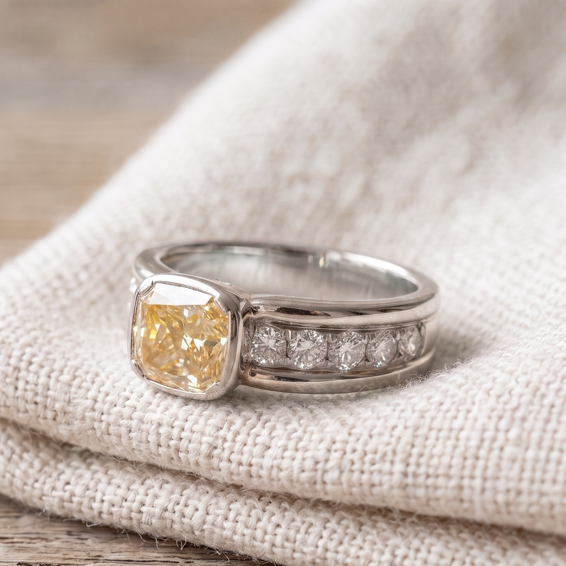 Golden Majesty 3.20 CTW Cushion Yellow Gemstone & Round Diamond Ring