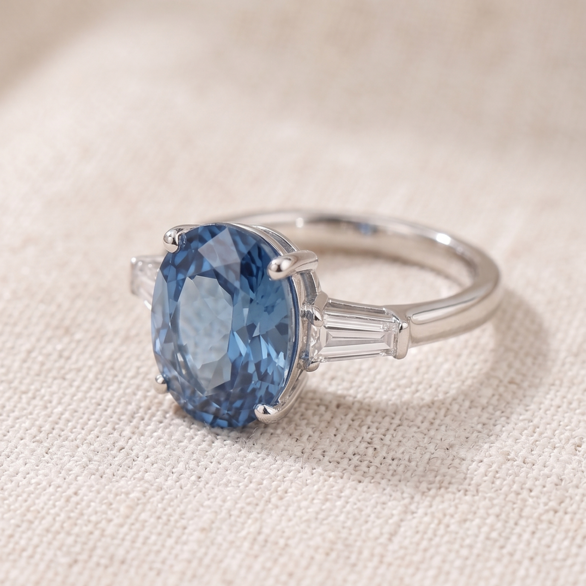 An oval-cut blue gemstone ring set in a silver-toned band with baguette side stones, resting on a textured beige fabric background.