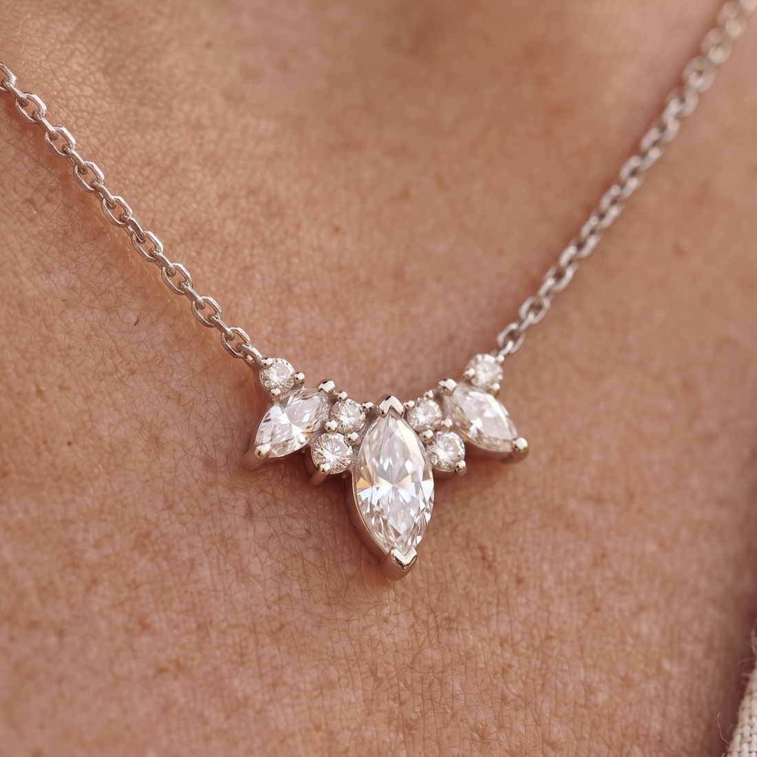 Kiashaa Jewellery 1.03 CTW marquise and round diamond cluster necklace in rose gold.
