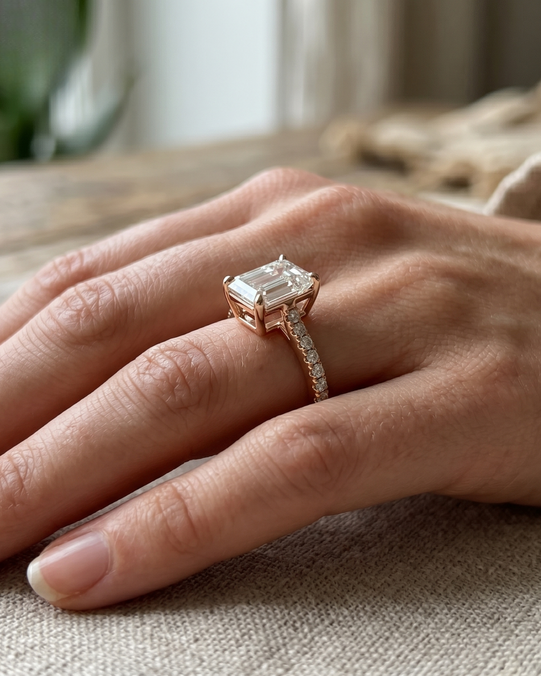 Refined ladies ring with emerald-cut center stone and diamond band accents.