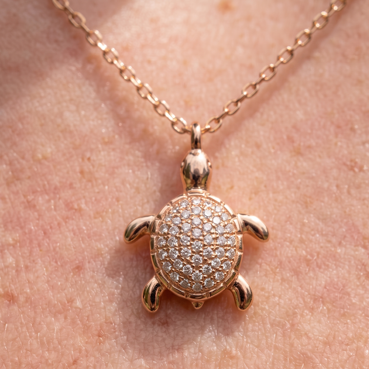 Kiashaa Jewellery 0.37 CTW diamond turtle pendant necklace in polished yellow gold.