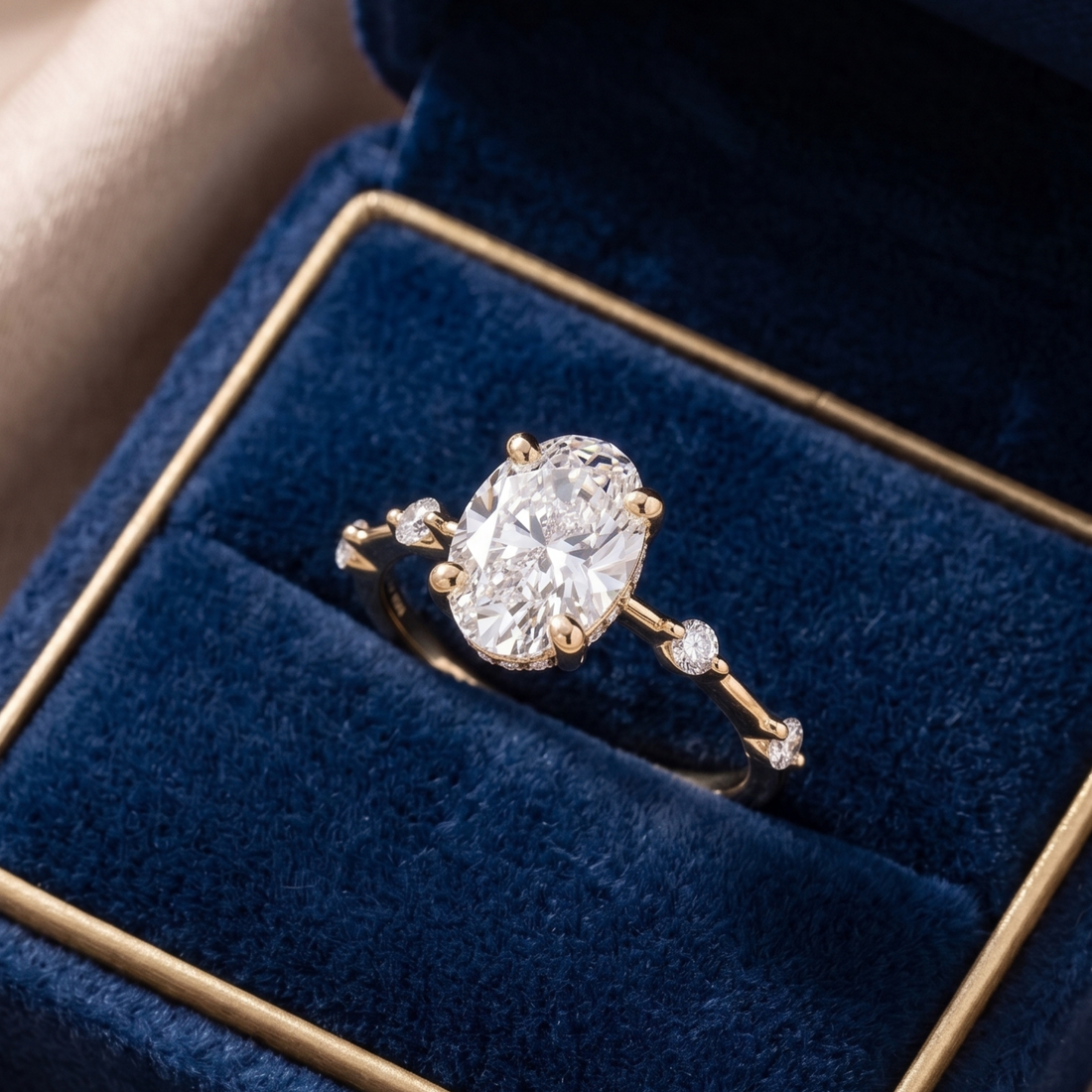 Four-prong oval diamond ring with delicate round side stones