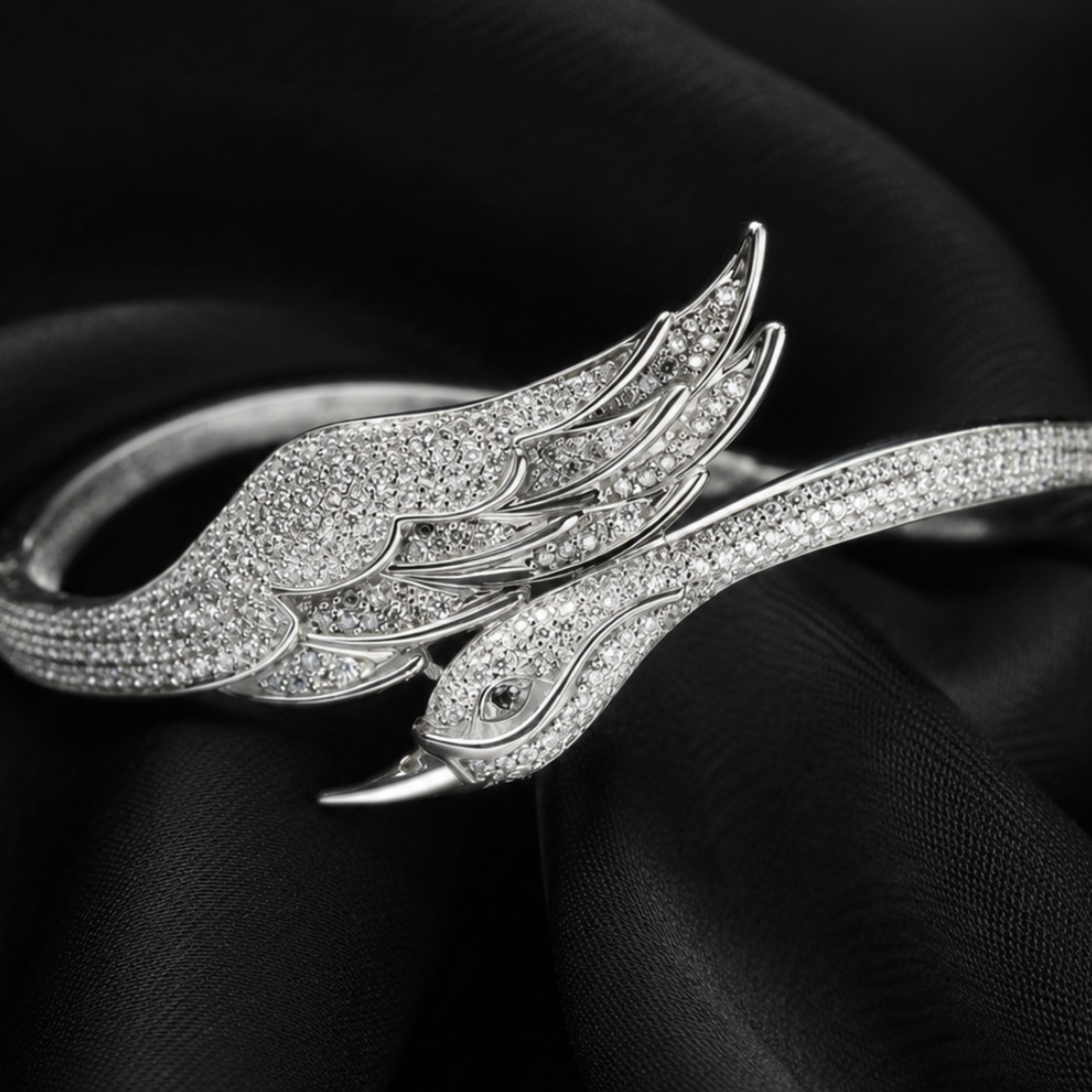 Celeste Swan Wing 2 CTW diamond open ring by Kiashaa Jewellery in rose gold with a bird-inspired wing and head design.
