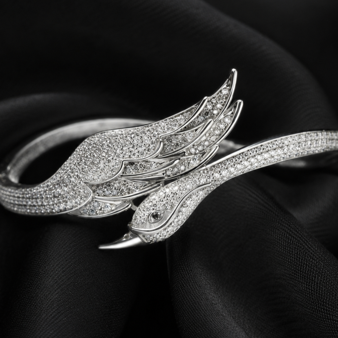 Celeste Swan Wing 2 CTW diamond open ring by Kiashaa Jewellery in rose gold with a bird-inspired wing and head design.
