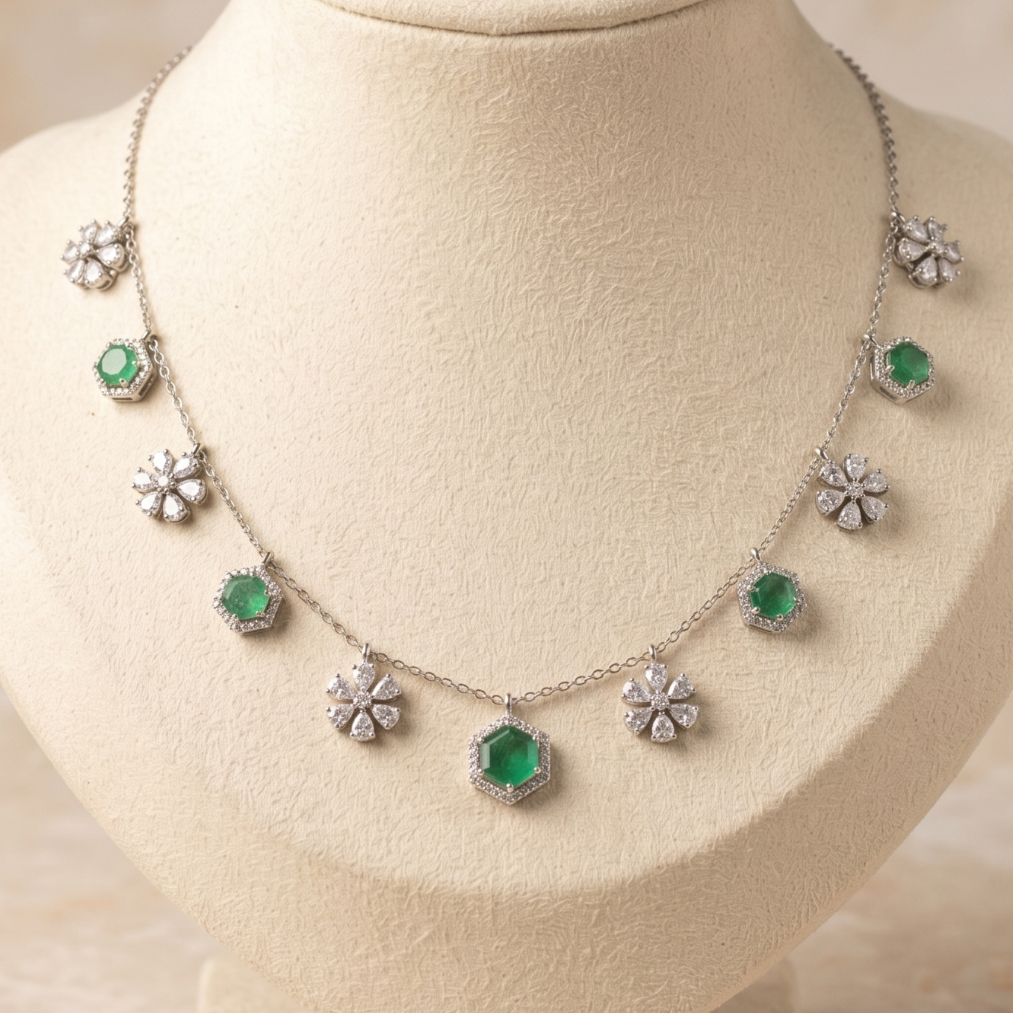 Verdant Bloom 5 CT Diamond & Green Gemstone Charm Necklace