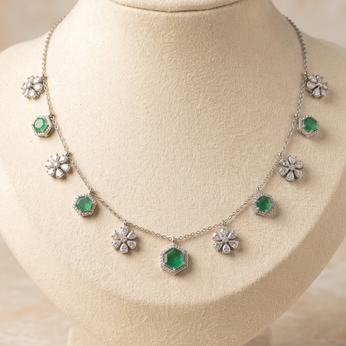 Verdant Bloom 5 CT Diamond & Green Gemstone Charm Necklace