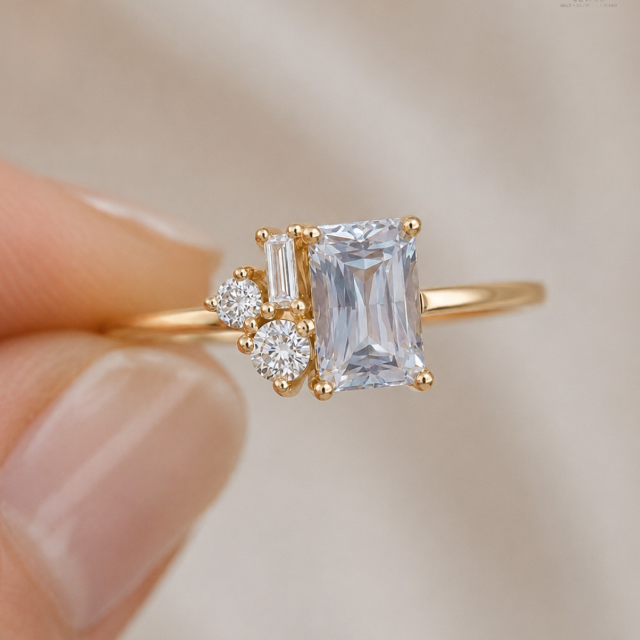 A gold ring with a large emerald-cut clear center stone and two smaller clear accent stones, held between fingers against a soft beige background.