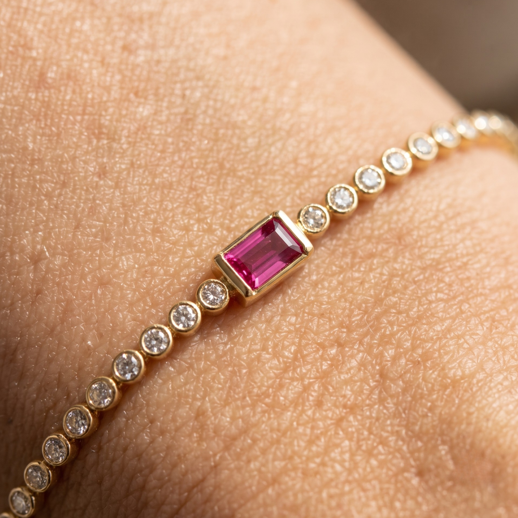Kiashaa Jewellery 1.75 CTW diamond tennis bracelet with pink baguette center stone in yellow gold.