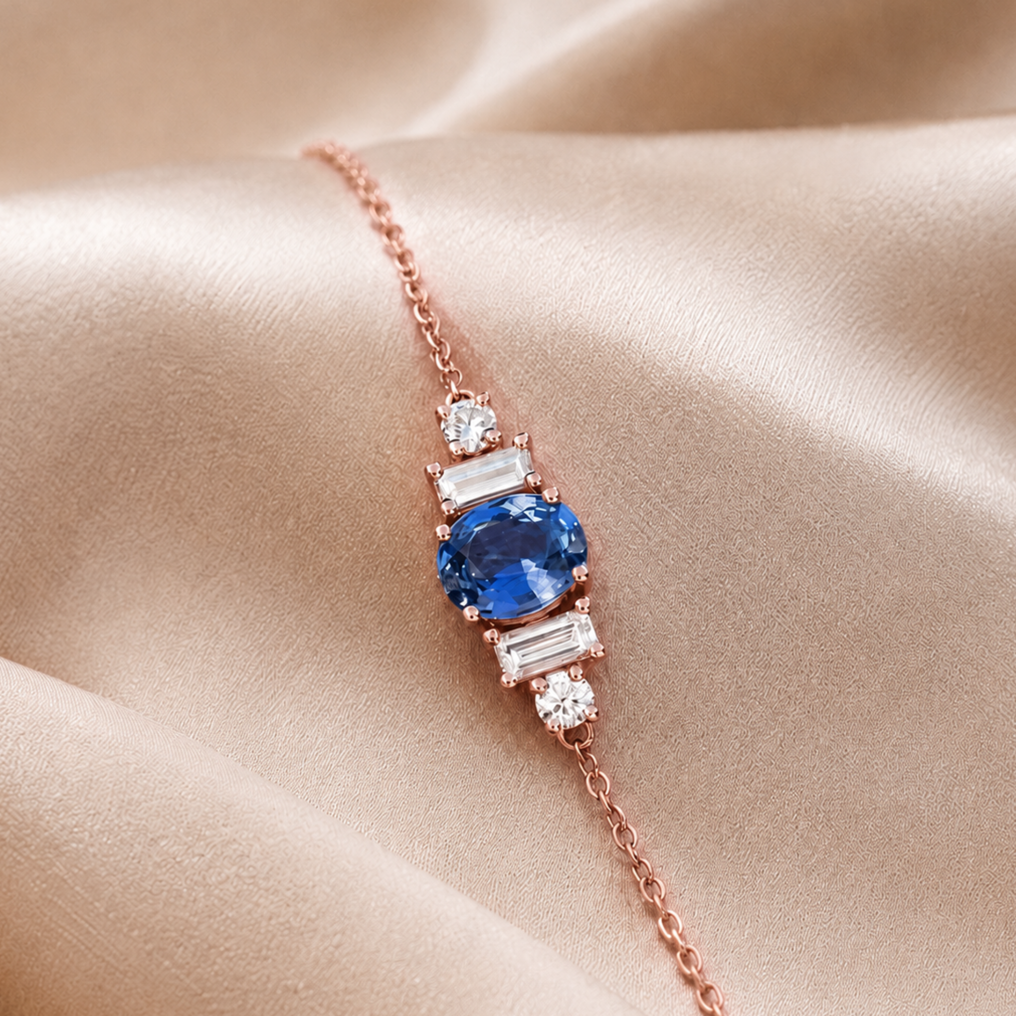1.18 CTW Oval Blue Gemstone & Diamond Station Bracelet