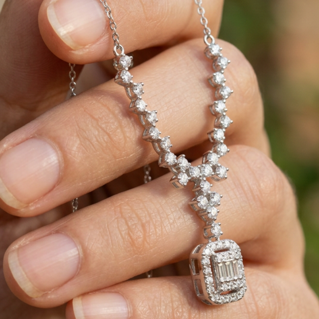 Celestial Cascade 2.50 CTW Round & Baguette Diamond Drop Necklace