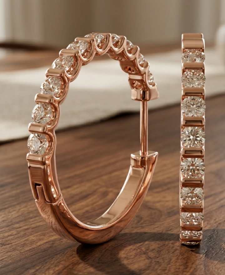 Luxury round-cut diamond hoop earrings by Kiashaa Jewellery for daily wear, weddings, and anniversaries.