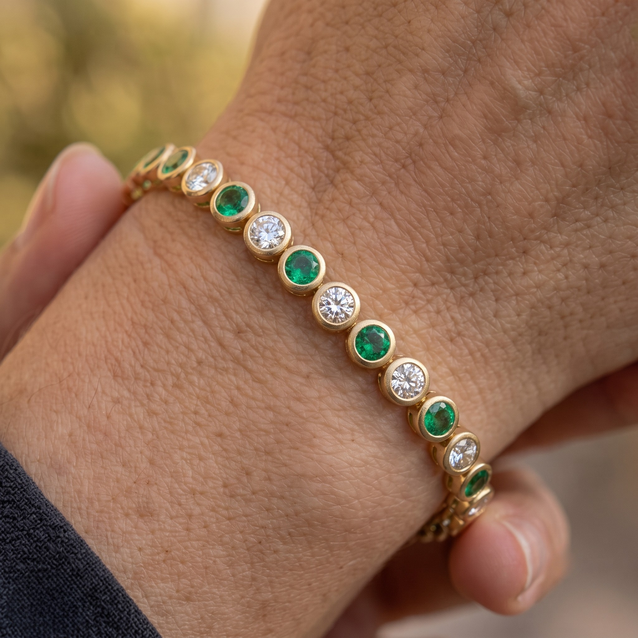 Alternating green gemstone and white diamond bracelet with round bezel-set stones.