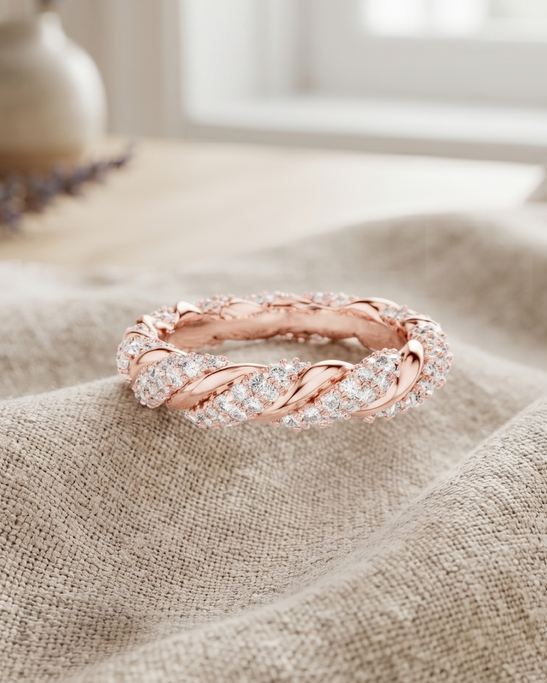 Rose gold lab-grown diamond cluster ring by Kiashaa Jewellery with sculptural twisted metal detailing.