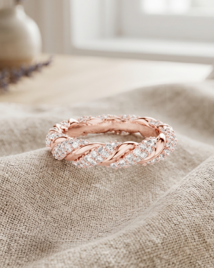 Rose gold lab-grown diamond cluster ring by Kiashaa Jewellery with sculptural twisted metal detailing.
