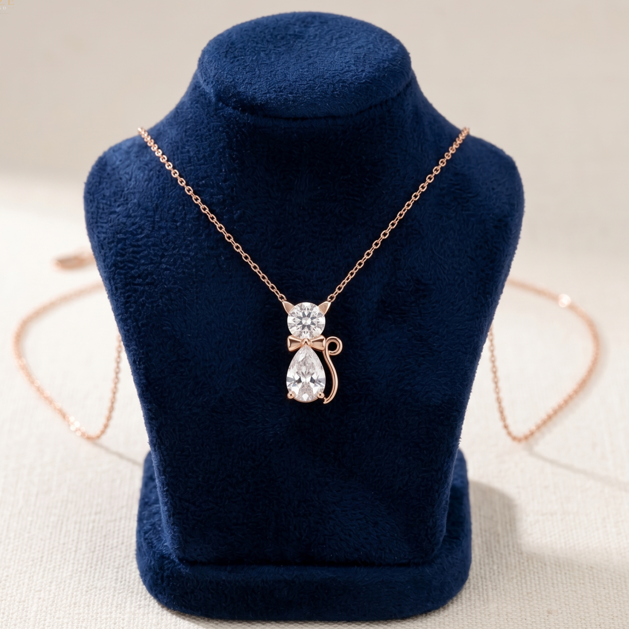 Rose gold necklace with a teardrop-shaped clear crystal pendant and a small bow detail, displayed on a dark blue velvet jewelry bust.