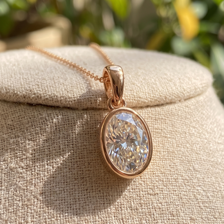 Lumière Oval 3 CT Diamond Bezel Pendant Necklace in 9K, 14K & 18K Gold
