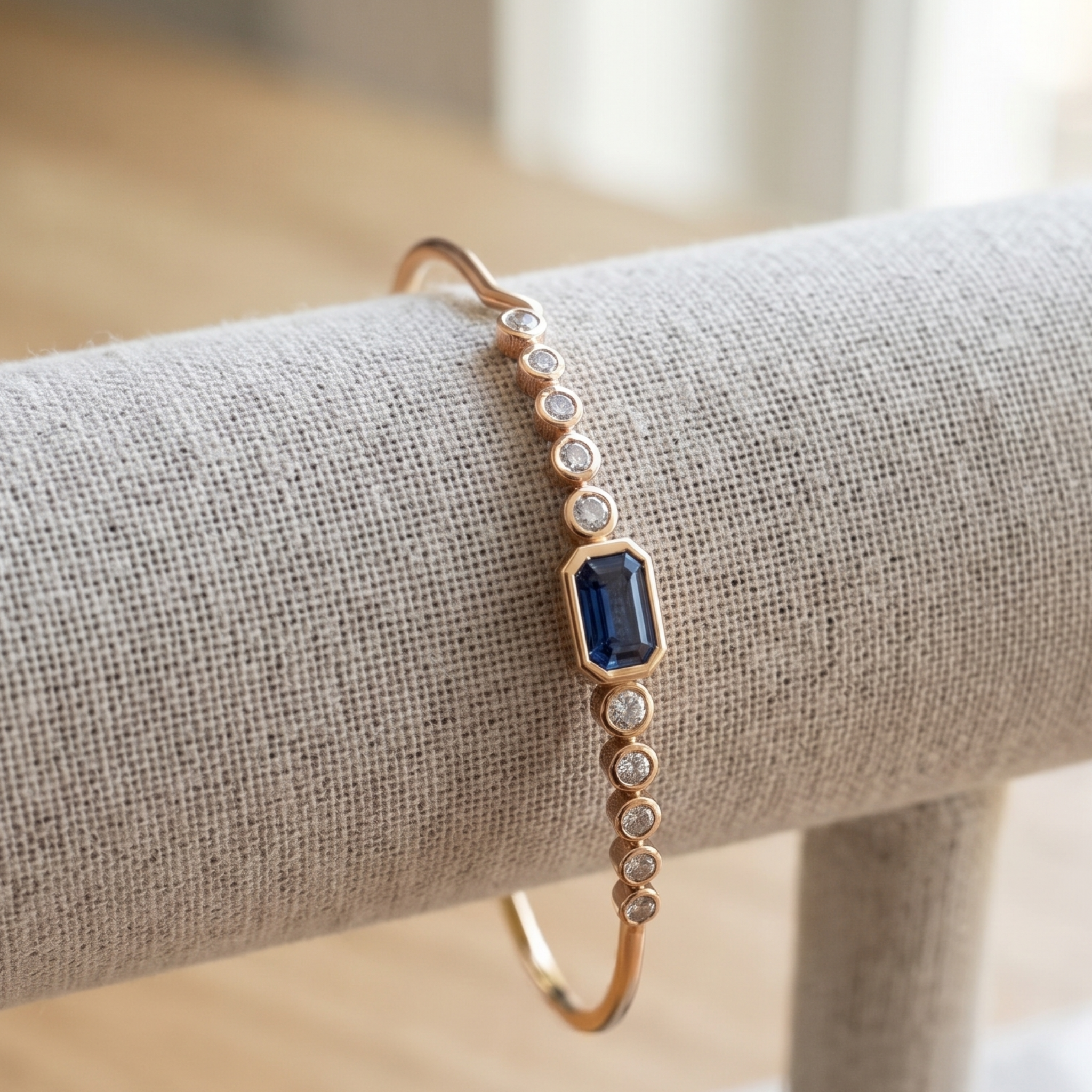 Kiashaa Jewellery 1.582 CTW blue emerald and round diamond bangle in polished yellow gold.