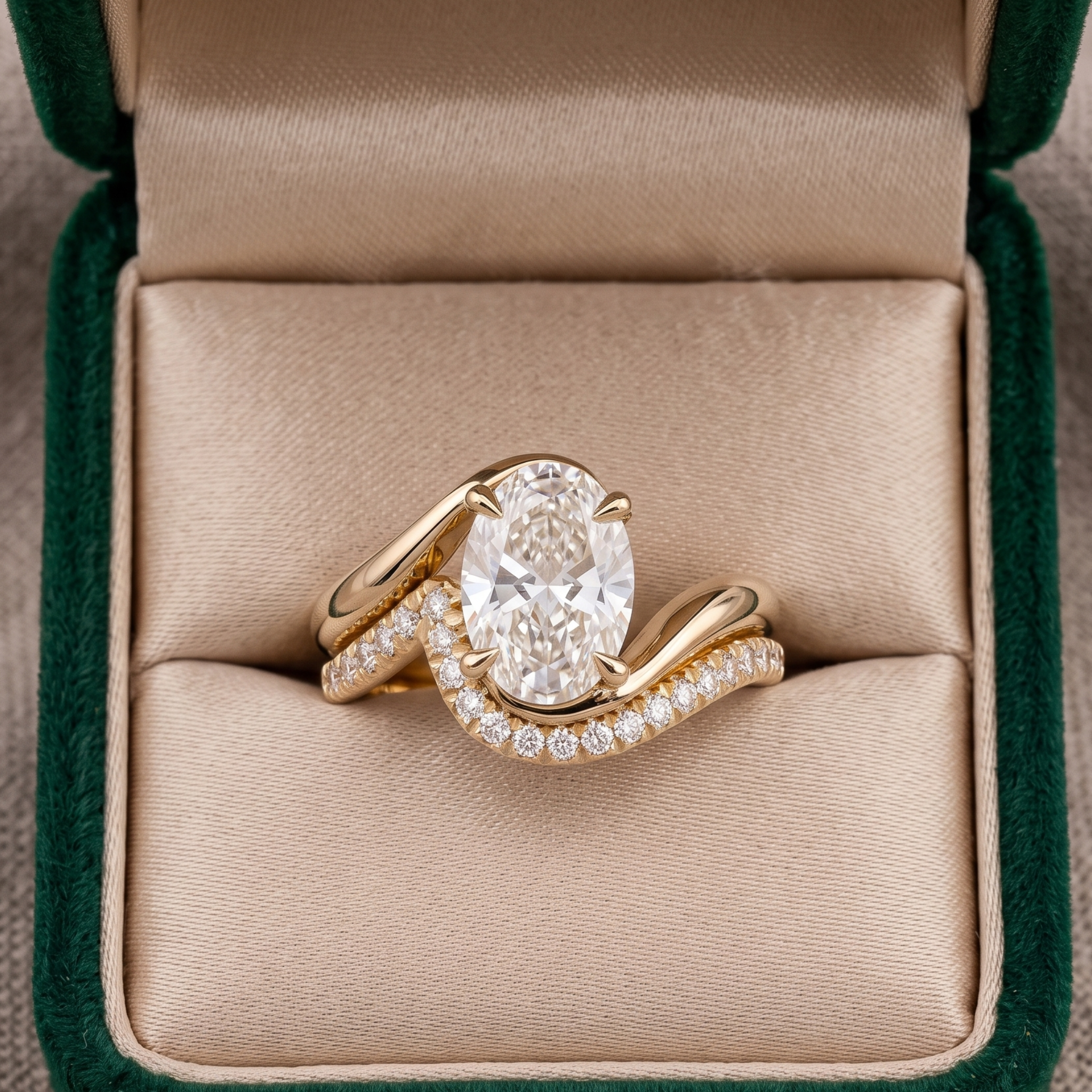 Contemporary oval diamond engagement and wedding ring stack