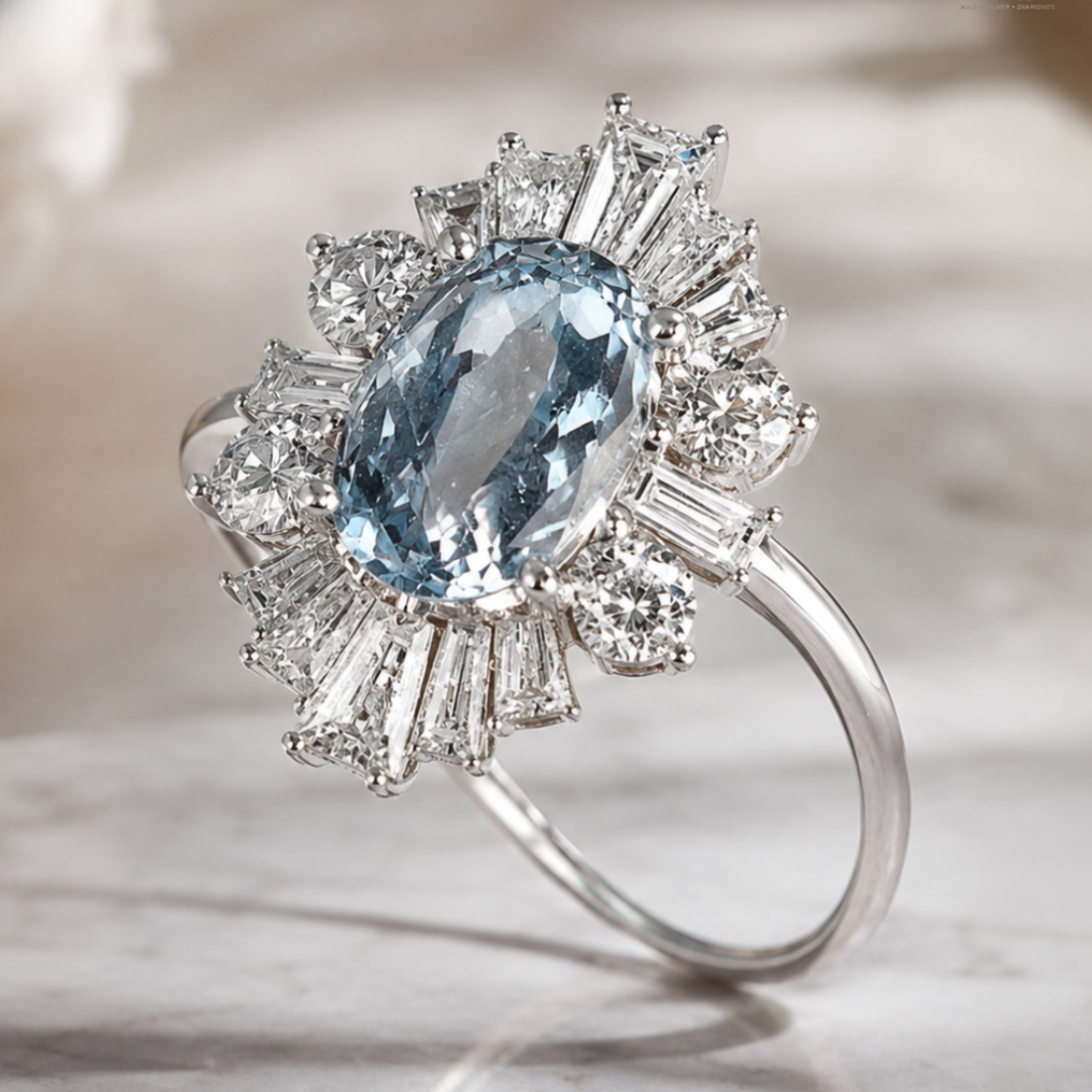 A silver ring featuring an oval light blue gemstone surrounded by a radiant halo of baguette and round clear stones, set against a soft, blurred light gray background.