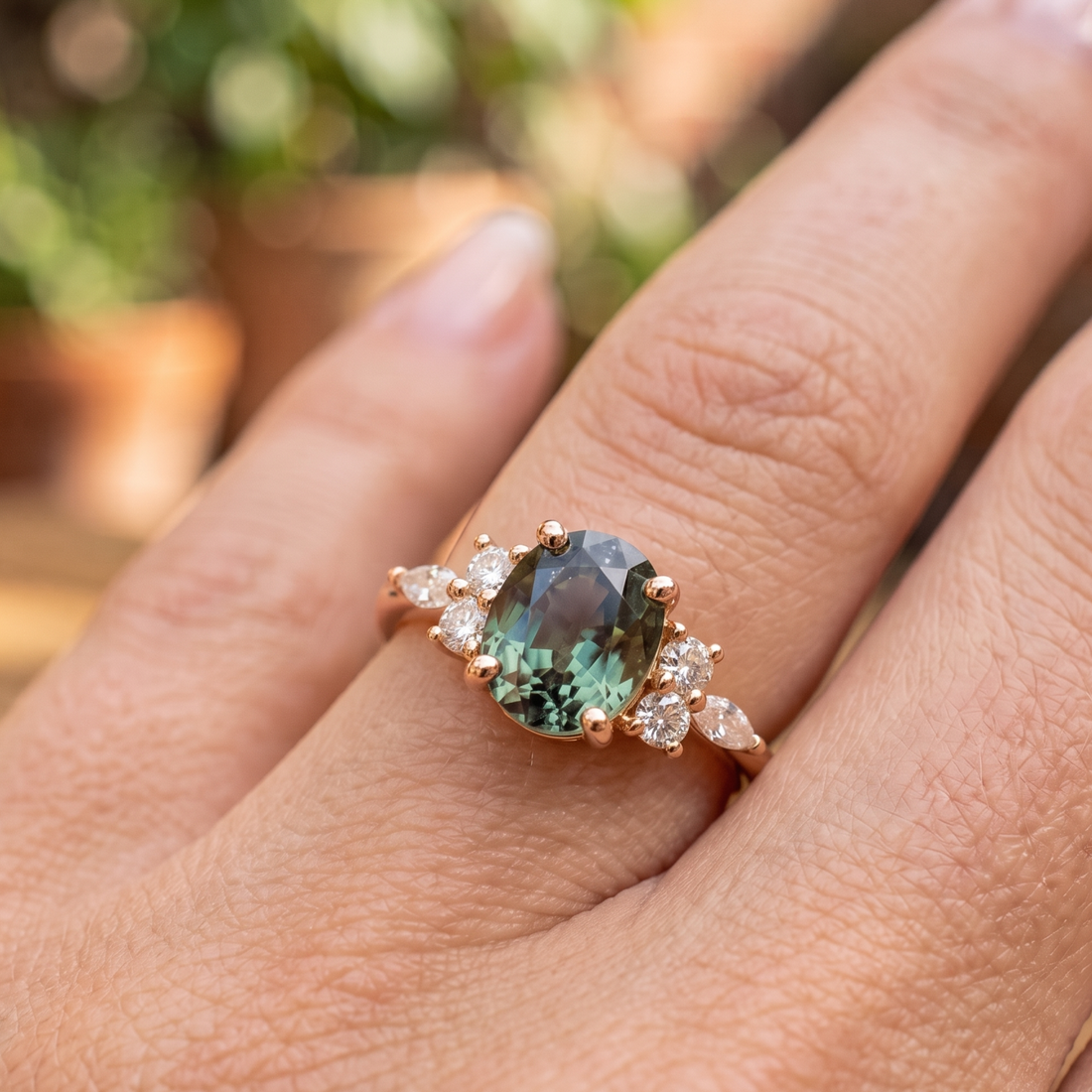 Kiashaa Jewellery 2.664 CTW green oval diamond ring in polished yellow gold.