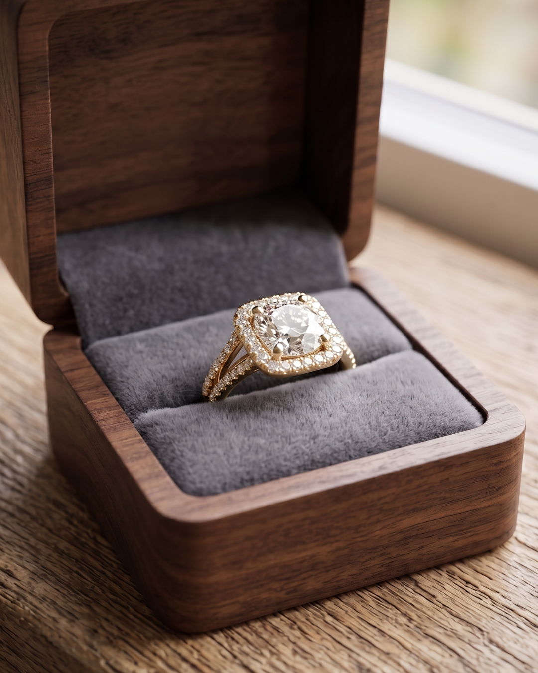 Kiashaa Jewellery round diamond halo ring in rose gold featuring lab-grown diamonds and a split-shank band.