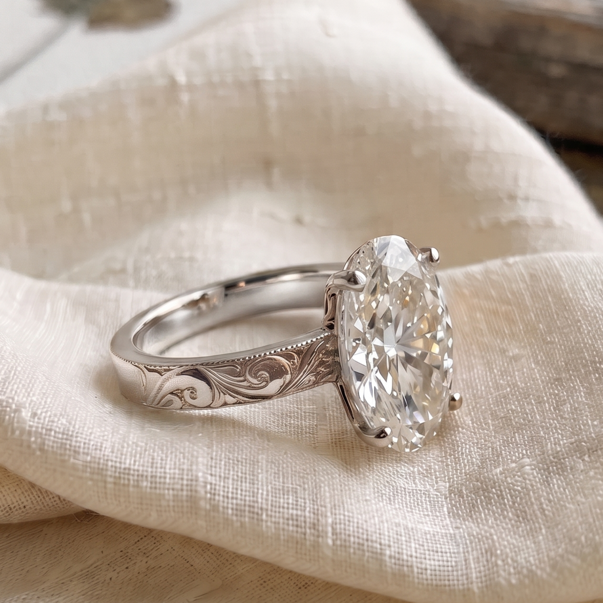 Vintage-Inspired 3 CT Oval Diamond Engraved Solitaire Ring in 14K & 18K Gold