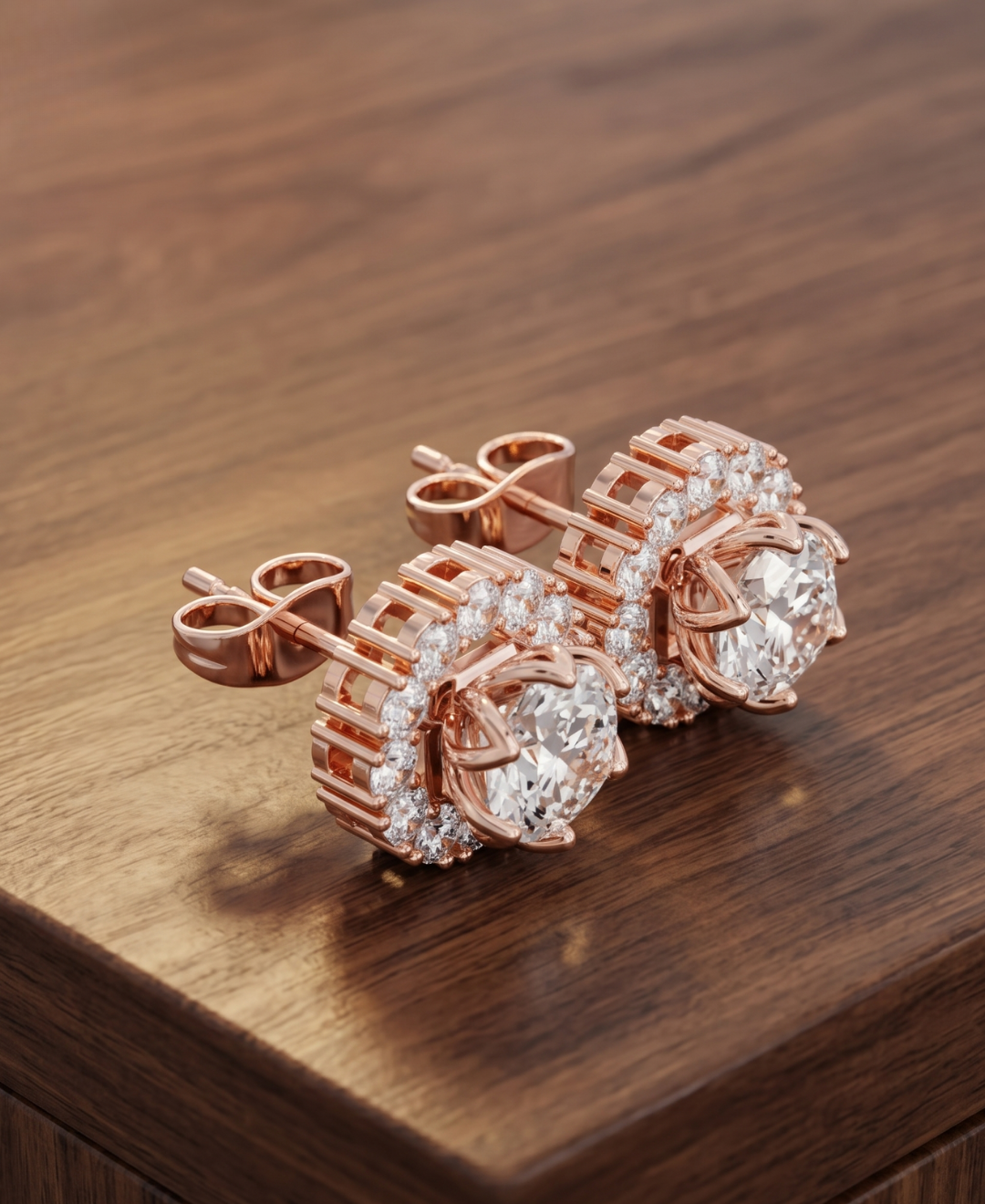 Classic halo diamond stud earrings available in White, Yellow and Rose Gold.