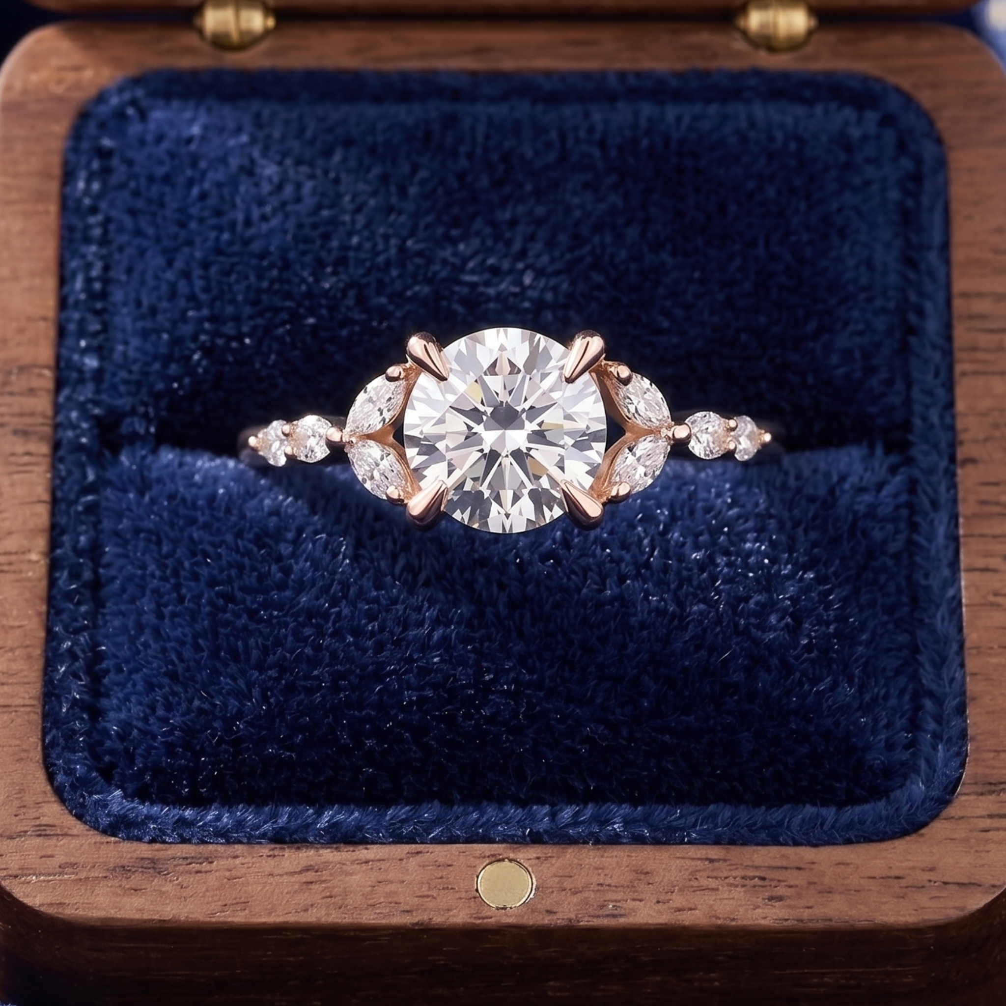 A rose gold engagement ring with a large round-cut center stone and smaller side stones, displayed on a dark blue velvet ring box inside a wooden box.