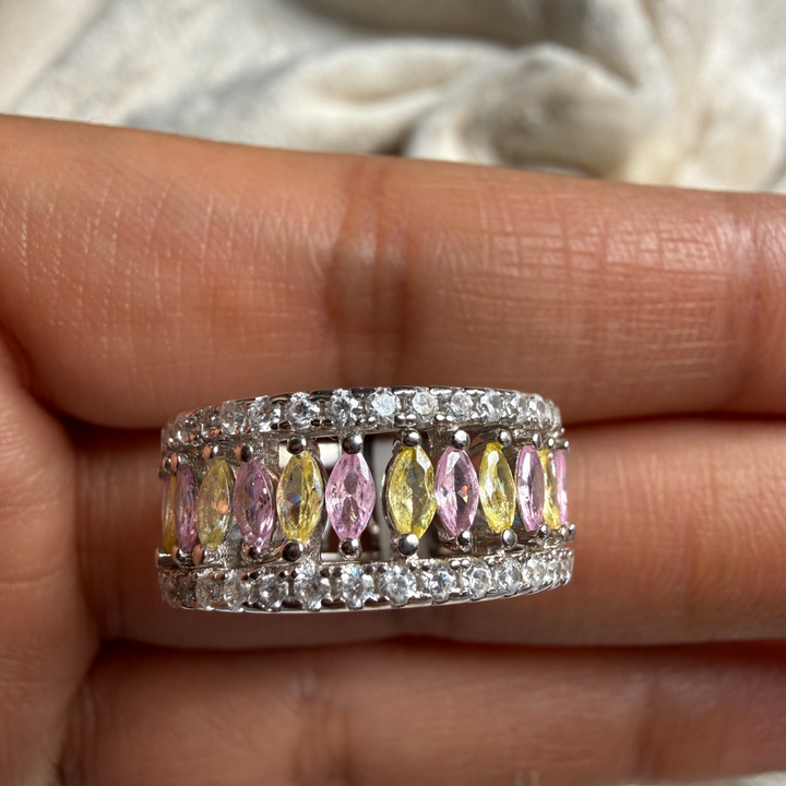 Pastel marquise gemstone and lab-grown diamond band ring by Kiashaa Jewellery.