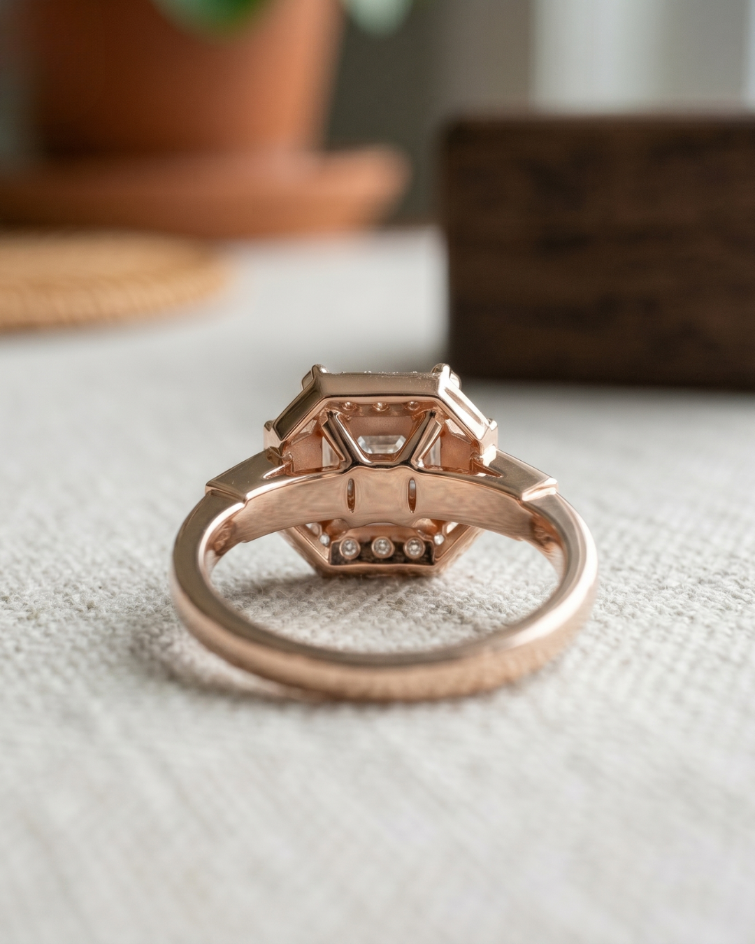 Radiant engagement ring with round halo accents in 9K 14K 18K gold