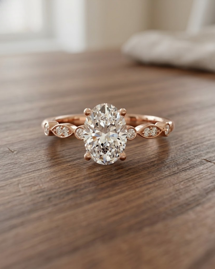 Premium oval lab-grown diamond ring by Kiashaa Jewellery in rose gold for weddings and anniversary gifting.