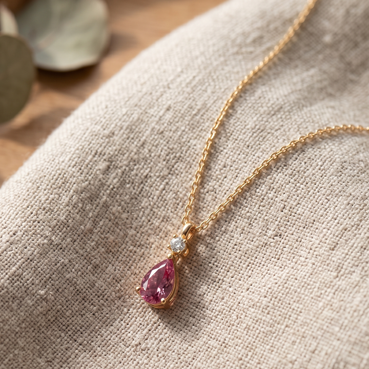 Blush Drop 0.90 CTW pink pear pendant necklace by Kiashaa Jewellery with an 8 × 5 mm pear-shaped center stone.