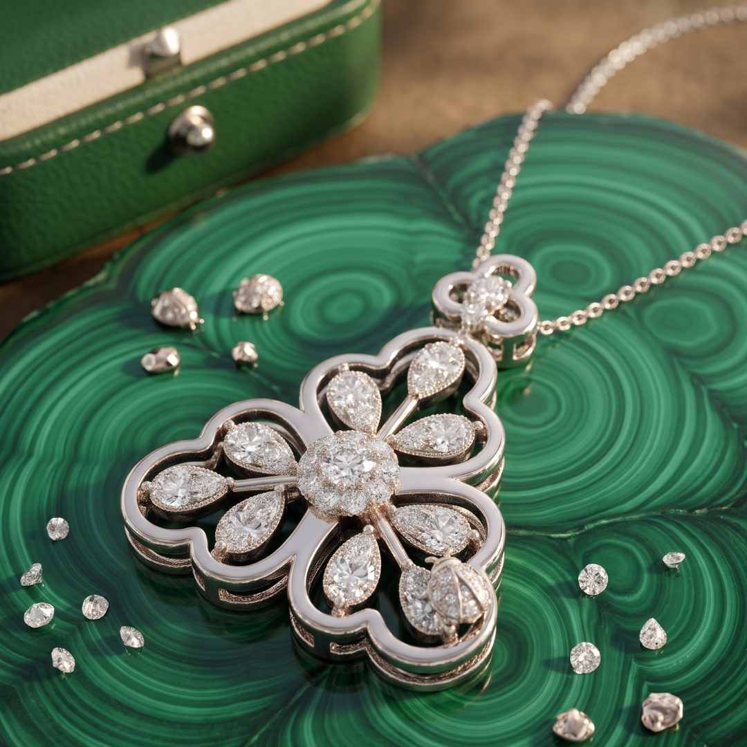A silver-tone floral pendant necklace with clear gemstones, displayed on a green malachite-patterned surface with scattered loose stones and a green leather case in the background.