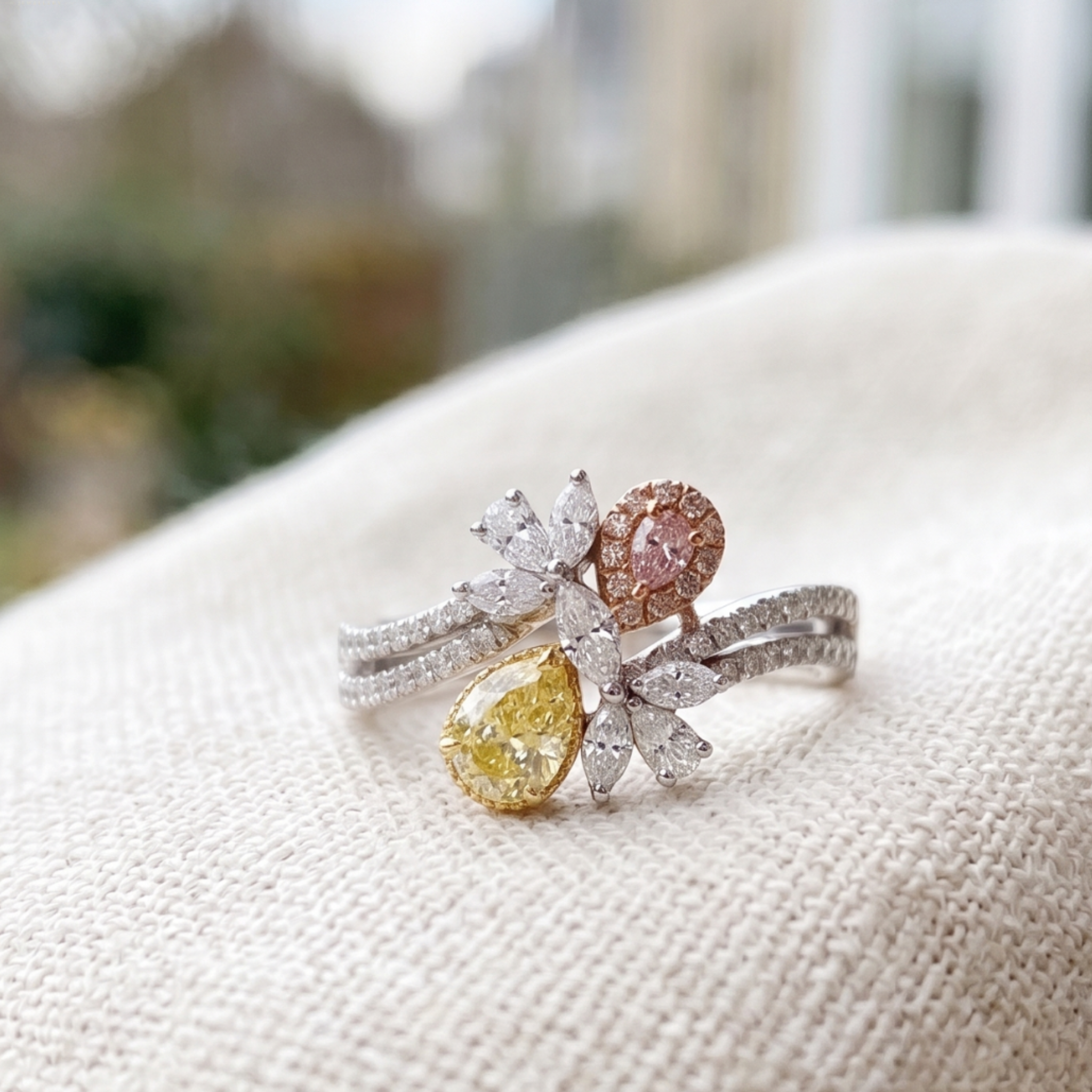 Aurora Bloom 3 CTW multi-color diamond floral ring by Kiashaa Jewellery with yellow and pink pear-shaped diamonds.