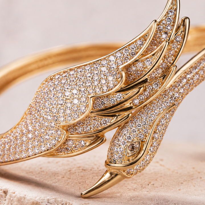 Celeste Swan Wing 2 CTW diamond open ring by Kiashaa Jewellery in rose gold with a bird-inspired wing and head design.