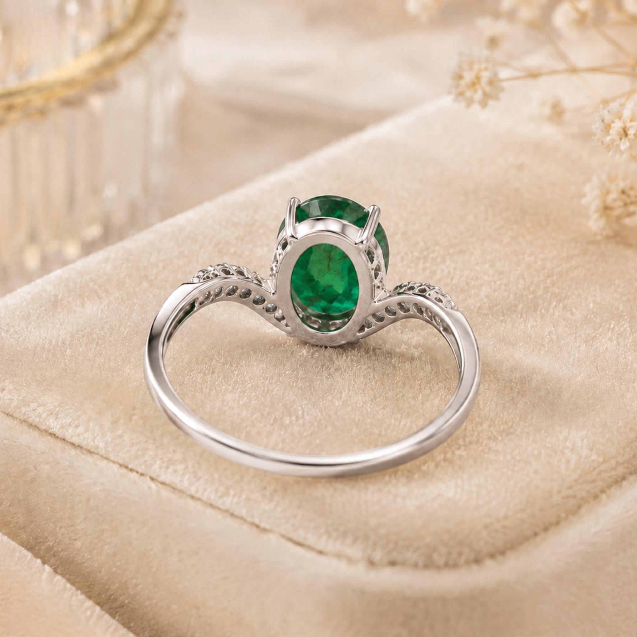 A silver ring with a large oval green emerald-cut center stone, displayed on a beige velvet jewelry box with soft decorative background elements.