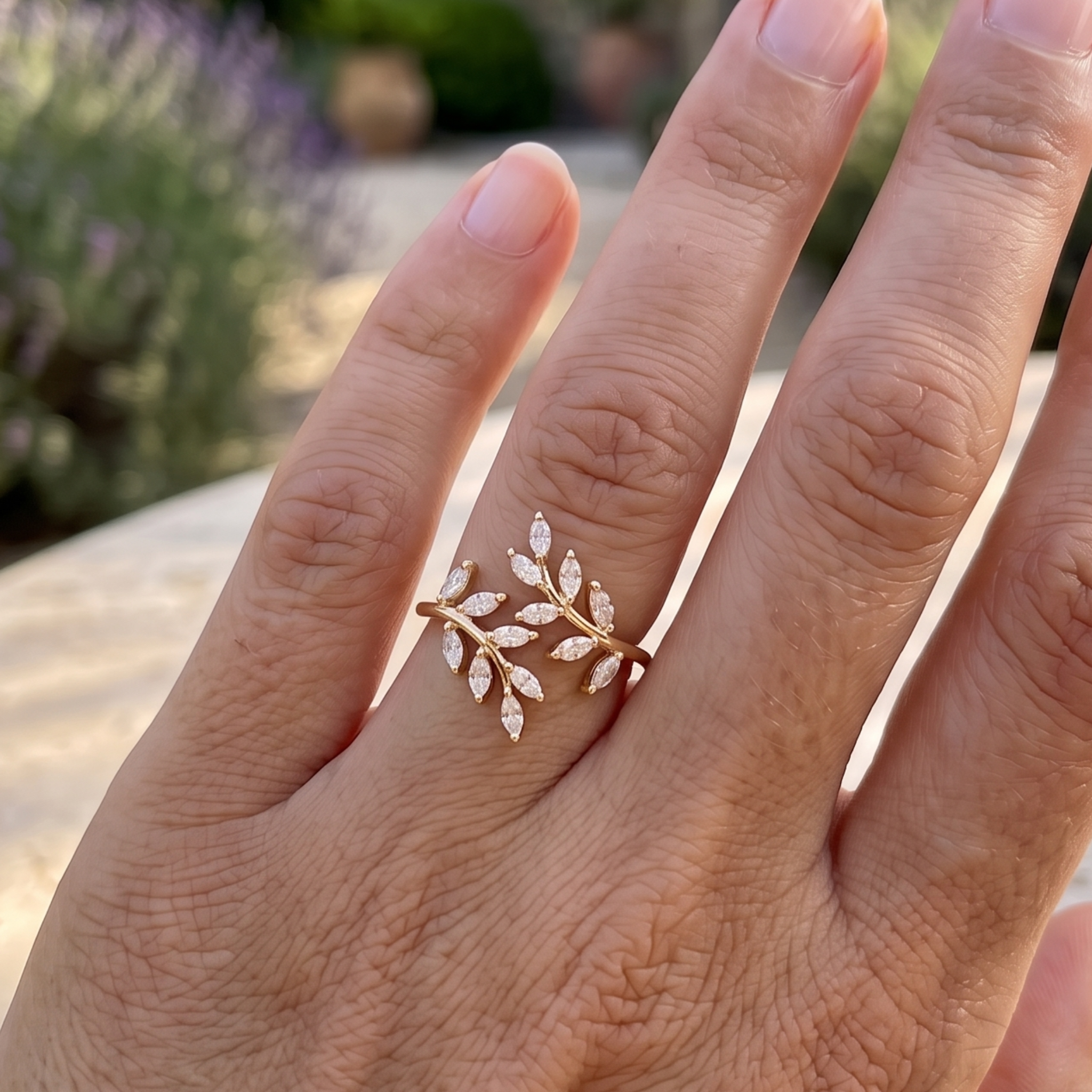 Kiashaa Jewellery 1.12 CTW marquise diamond leaf ring in polished yellow gold.