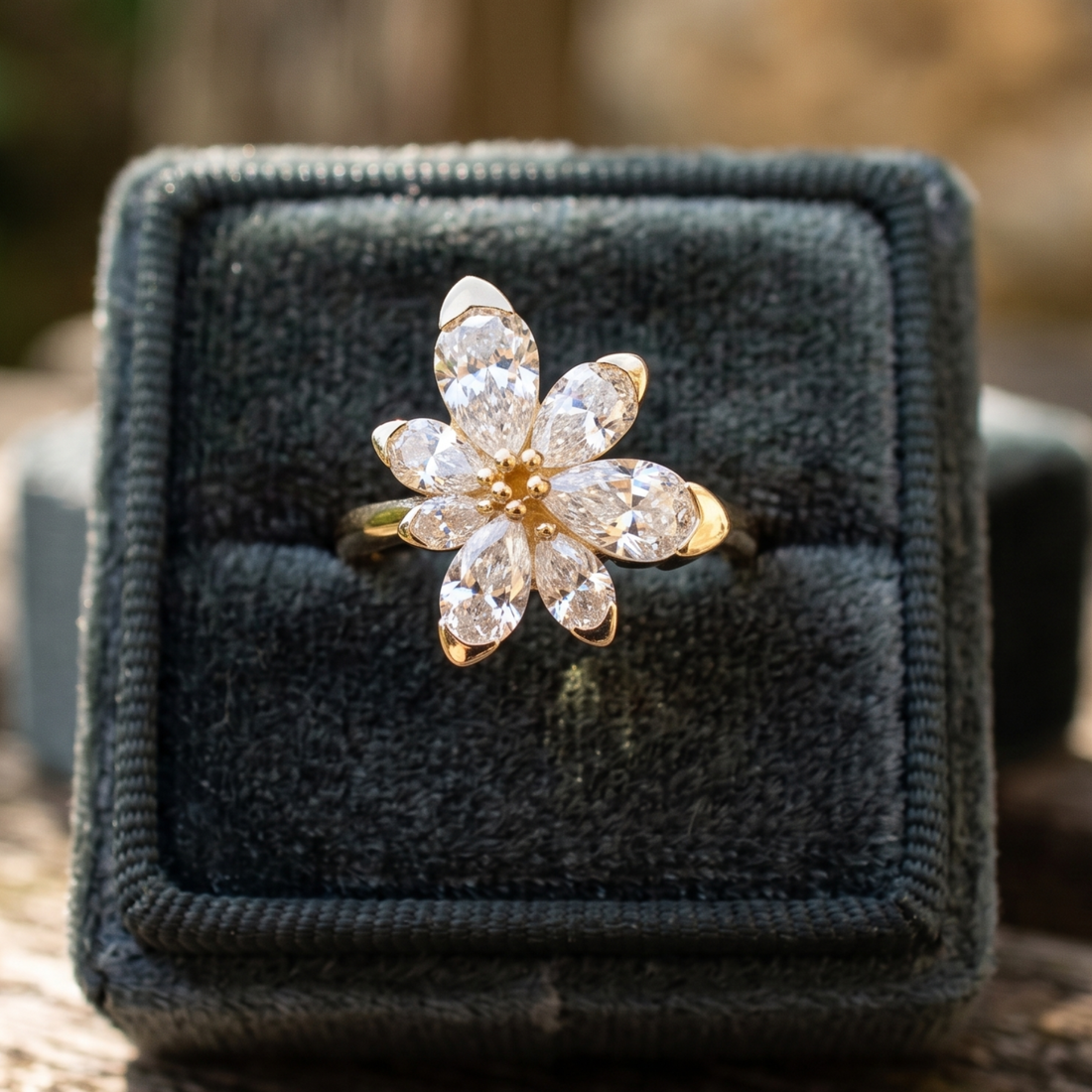 Élan Bloom 2 CTW pear diamond flower ring by Kiashaa Jewellery featuring approximately seven pear-shaped diamond petals.